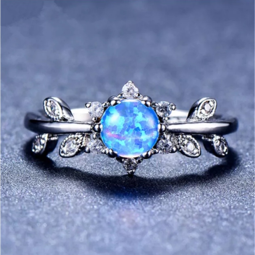Silver Round Cut Blue Simulated Opal Rings Special Day Gift Size6